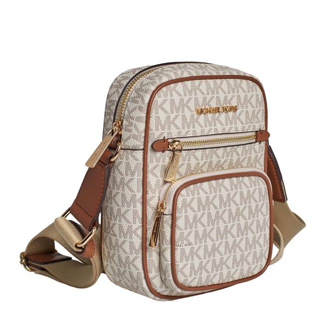 Ideal for travel and city walks, this crossbody bag features our signature logo print and features a convenient canvas strap and multiple pockets to keep your essentials organized and close at hand.\n\n Details:\n - Accessory type: Shoulder bag.\n - Canvas with logo print.\n - Application of the brand name in metal.\n - Hardware: Gold tone.\n - Exterior details: 2 front zipper pockets.\n - Interior details: Open back pocket.\n - Adjustable strap.\n - Closure: Zipper.\n\n Each of Michael Kors' accessories collections features a strong identity, offering a fresh mix of trends, colors, and silhouettes that never go out of style, with urban style and attitude. Each women's shoulder bag designed by Michael Kors is an affordable luxury with a touch of modern, unexpected, and comfortable glamour, offering a piece for every occasion.\n Measures: 14 cm (W) x 19.1 (H) x 5.1 cm (D)\n Composition: 89.4% Coated Canvas, 9.6% Polyester, 1% Polyurethane\n Care:\nClean with a dry or slightly damp cloth.