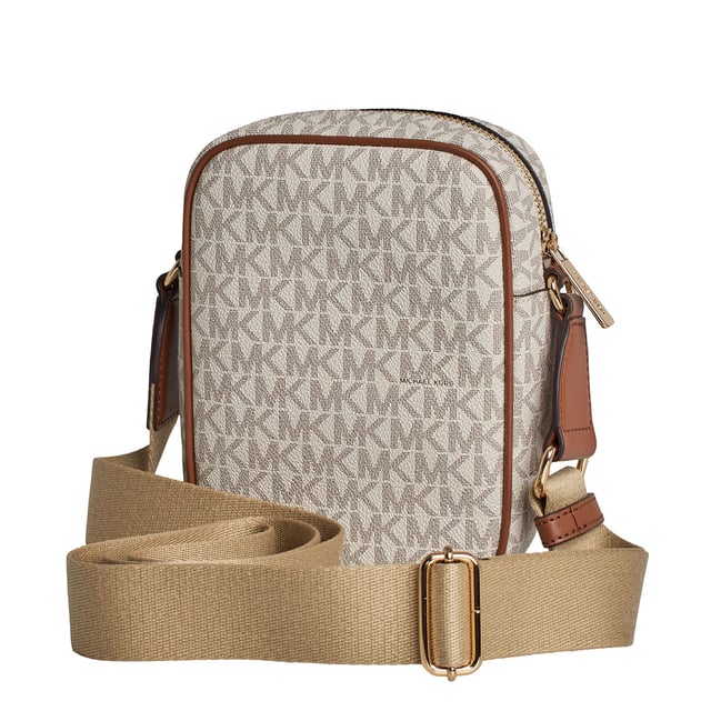 Ideal for travel and city walks, this crossbody bag features our signature logo print and features a convenient canvas strap and multiple pockets to keep your essentials organized and close at hand.\n\n Details:\n - Accessory type: Shoulder bag.\n - Canvas with logo print.\n - Application of the brand name in metal.\n - Hardware: Gold tone.\n - Exterior details: 2 front zipper pockets.\n - Interior details: Open back pocket.\n - Adjustable strap.\n - Closure: Zipper.\n\n Each of Michael Kors' accessories collections features a strong identity, offering a fresh mix of trends, colors, and silhouettes that never go out of style, with urban style and attitude. Each women's shoulder bag designed by Michael Kors is an affordable luxury with a touch of modern, unexpected, and comfortable glamour, offering a piece for every occasion.\n Measures: 14 cm (W) x 19.1 (H) x 5.1 cm (D)\n Composition: 89.4% Coated Canvas, 9.6% Polyester, 1% Polyurethane\n Care:\nClean with a dry or slightly damp cloth.
