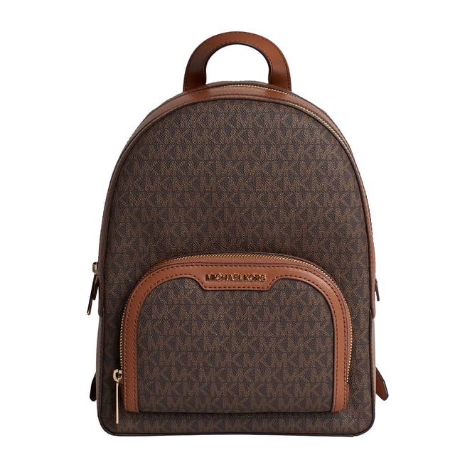 The combination of a signature print and luxurious leather details come together in this Jaycee backpack, a timeless essential destined to become your new hands-free favorite. It features a front zippered pocket for convenient access and plenty of room inside to store your laptop and other essentials.\n\n Details:\n - Accessory type: Medium backpack.\n - Material: Coated canvas printed with the logo.\n - Hardware: Gold tone.\n - Exterior details: Front zipper pocket.\n - Compartments: 2, one has a zippered back pocket.\n - Adjustable straps.\n - Closure: Zipper.\n\n Each of Michael Kors' accessories collections boasts a strong identity, offering a fresh mix of timeless trends, colors, and silhouettes, combined with urban style and attitude. Each women's backpack designed by Michael Kors is an affordable luxury with a touch of modern, unexpected, and comfortable glamour, offering a piece for every occasion.\n Measures: 22.2 cm (width) x 30.5 cm (height) x 10.8 cm (depth)\n Composition: 89.4% Coated Canvas, 9.6% Polyester, 1% Polyurethane\n Care:\nClean with a damp cloth.