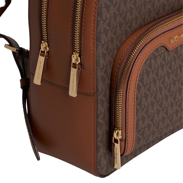 The combination of a signature print and luxurious leather details come together in this Jaycee backpack, a timeless essential destined to become your new hands-free favorite. It features a front zippered pocket for convenient access and plenty of room inside to store your laptop and other essentials.\n\n Details:\n - Accessory type: Medium backpack.\n - Material: Coated canvas printed with the logo.\n - Hardware: Gold tone.\n - Exterior details: Front zipper pocket.\n - Compartments: 2, one has a zippered back pocket.\n - Adjustable straps.\n - Closure: Zipper.\n\n Each of Michael Kors' accessories collections boasts a strong identity, offering a fresh mix of timeless trends, colors, and silhouettes, combined with urban style and attitude. Each women's backpack designed by Michael Kors is an affordable luxury with a touch of modern, unexpected, and comfortable glamour, offering a piece for every occasion.\n Measures: 22.2 cm (width) x 30.5 cm (height) x 10.8 cm (depth)\n Composition: 89.4% Coated Canvas, 9.6% Polyester, 1% Polyurethane\n Care:\nClean with a damp cloth.