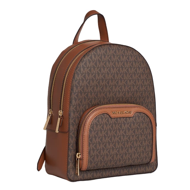 The combination of a signature print and luxurious leather details come together in this Jaycee backpack, a timeless essential destined to become your new hands-free favorite. It features a front zippered pocket for convenient access and plenty of room inside to store your laptop and other essentials.\n\n Details:\n - Accessory type: Medium backpack.\n - Material: Coated canvas printed with the logo.\n - Hardware: Gold tone.\n - Exterior details: Front zipper pocket.\n - Compartments: 2, one has a zippered back pocket.\n - Adjustable straps.\n - Closure: Zipper.\n\n Each of Michael Kors' accessories collections boasts a strong identity, offering a fresh mix of timeless trends, colors, and silhouettes, combined with urban style and attitude. Each women's backpack designed by Michael Kors is an affordable luxury with a touch of modern, unexpected, and comfortable glamour, offering a piece for every occasion.\n Measures: 22.2 cm (width) x 30.5 cm (height) x 10.8 cm (depth)\n Composition: 89.4% Coated Canvas, 9.6% Polyester, 1% Polyurethane\n Care:\nClean with a damp cloth.