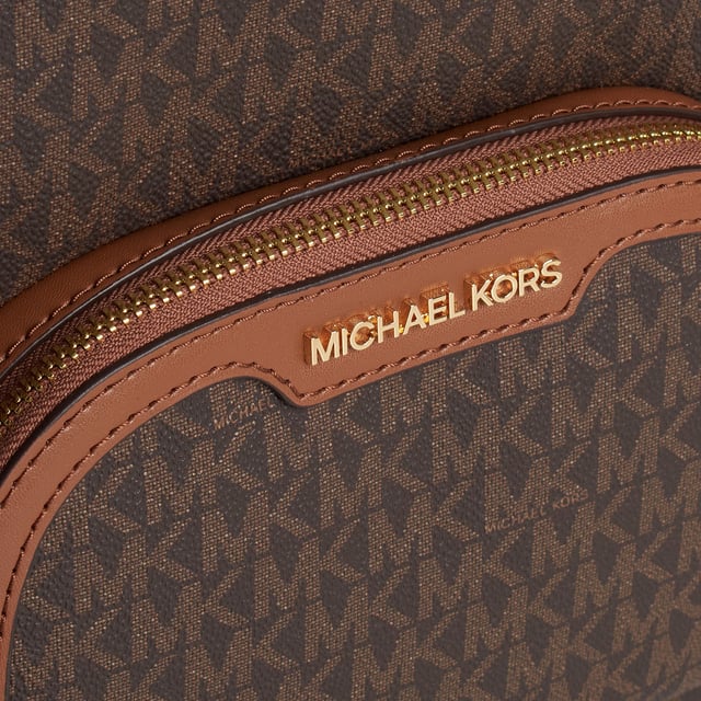 The combination of a signature print and luxurious leather details come together in this Jaycee backpack, a timeless essential destined to become your new hands-free favorite. It features a front zippered pocket for convenient access and plenty of room inside to store your laptop and other essentials.\n\n Details:\n - Accessory type: Medium backpack.\n - Material: Coated canvas printed with the logo.\n - Hardware: Gold tone.\n - Exterior details: Front zipper pocket.\n - Compartments: 2, one has a zippered back pocket.\n - Adjustable straps.\n - Closure: Zipper.\n\n Each of Michael Kors' accessories collections boasts a strong identity, offering a fresh mix of timeless trends, colors, and silhouettes, combined with urban style and attitude. Each women's backpack designed by Michael Kors is an affordable luxury with a touch of modern, unexpected, and comfortable glamour, offering a piece for every occasion.\n Measures: 22.2 cm (width) x 30.5 cm (height) x 10.8 cm (depth)\n Composition: 89.4% Coated Canvas, 9.6% Polyester, 1% Polyurethane\n Care:\nClean with a damp cloth.
