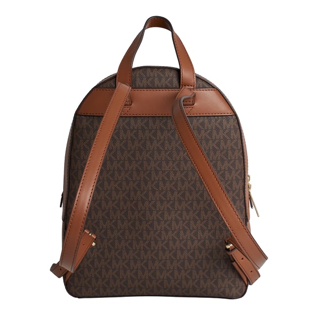 The combination of a signature print and luxurious leather details come together in this Jaycee backpack, a timeless essential destined to become your new hands-free favorite. It features a front zippered pocket for convenient access and plenty of room inside to store your laptop and other essentials.\n\n Details:\n - Accessory type: Medium backpack.\n - Material: Coated canvas printed with the logo.\n - Hardware: Gold tone.\n - Exterior details: Front zipper pocket.\n - Compartments: 2, one has a zippered back pocket.\n - Adjustable straps.\n - Closure: Zipper.\n\n Each of Michael Kors' accessories collections boasts a strong identity, offering a fresh mix of timeless trends, colors, and silhouettes, combined with urban style and attitude. Each women's backpack designed by Michael Kors is an affordable luxury with a touch of modern, unexpected, and comfortable glamour, offering a piece for every occasion.\n Measures: 22.2 cm (width) x 30.5 cm (height) x 10.8 cm (depth)\n Composition: 89.4% Coated Canvas, 9.6% Polyester, 1% Polyurethane\n Care:\nClean with a damp cloth.