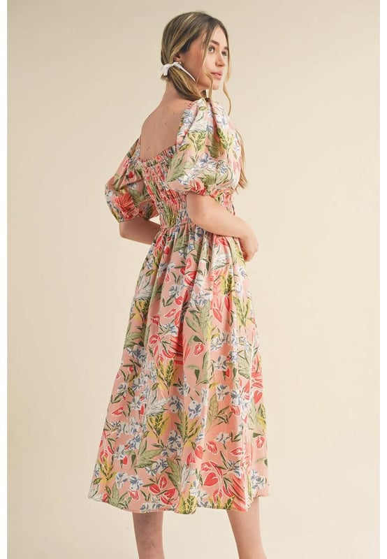Apricot Pink Floral Smocked Bust Bubble Short Sleeve Maxi Dress
  Floral pattern for a mesmerizing look
  A
  line style with bubble short sleeves
  Smocked bust and high waist for a flattering fit
  Ideal for spring and summer seasons
Material: 100% Polyester
