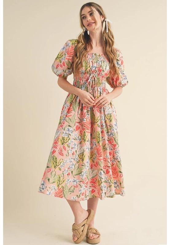 Apricot Pink Floral Smocked Bust Bubble Short Sleeve Maxi Dress
  Floral pattern for a mesmerizing look
  A
  line style with bubble short sleeves
  Smocked bust and high waist for a flattering fit
  Ideal for spring and summer seasons
Material: 100% Polyester