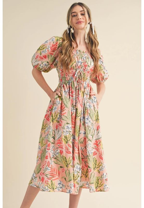 Apricot Pink Floral Smocked Bust Bubble Short Sleeve Maxi Dress
  Floral pattern for a mesmerizing look
  A
  line style with bubble short sleeves
  Smocked bust and high waist for a flattering fit
  Ideal for spring and summer seasons
Material: 100% Polyester