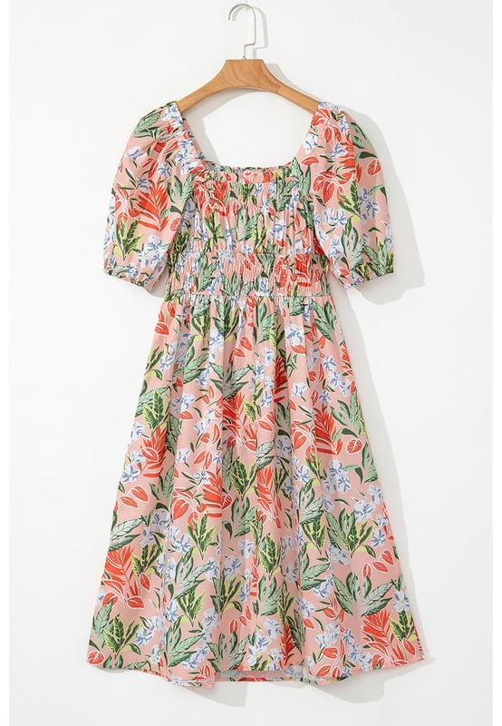 Apricot Pink Floral Smocked Bust Bubble Short Sleeve Maxi Dress
  Floral pattern for a mesmerizing look
  A
  line style with bubble short sleeves
  Smocked bust and high waist for a flattering fit
  Ideal for spring and summer seasons
Material: 100% Polyester