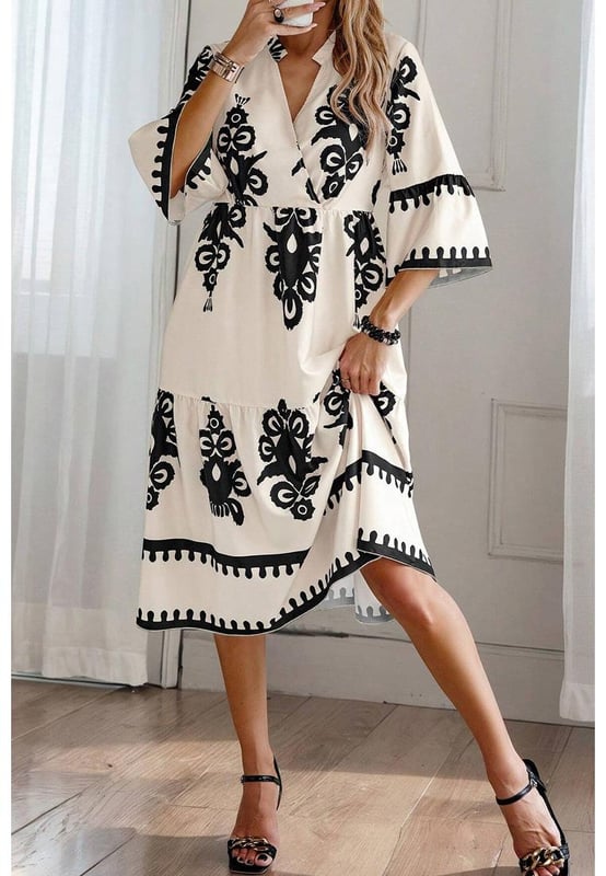 Our styles are designed with a trendy fitted look in mind following an international size standard. For the best fit we suggest choosing one size up from your usual. Be sure to check our sizing chart to find your perfect match!
  Beige Western Geometric Print Midi Dress
  Eye
  catching geometric print
  Flattering V
  neck wrap design
  3/4 sleeves for a stylish and versatile silhouette
  High waist detail enhances the figure
Material: 100% Polyester