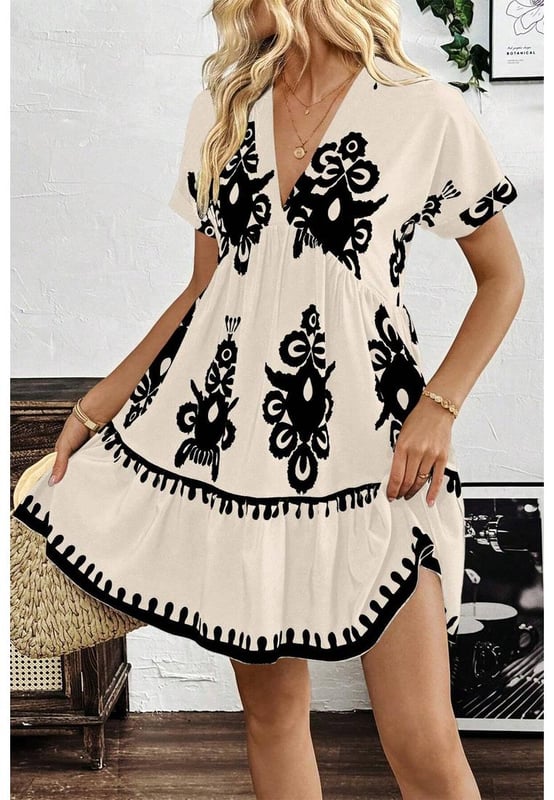 Black vintage print dress
  V
  neckline for an elongated look
  High waist design to accentuate curves
  Short sleeves for versatile and practical wear
Material: 100% Polyester
