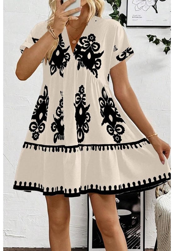Black vintage print dress
  V
  neckline for an elongated look
  High waist design to accentuate curves
  Short sleeves for versatile and practical wear
Material: 100% Polyester