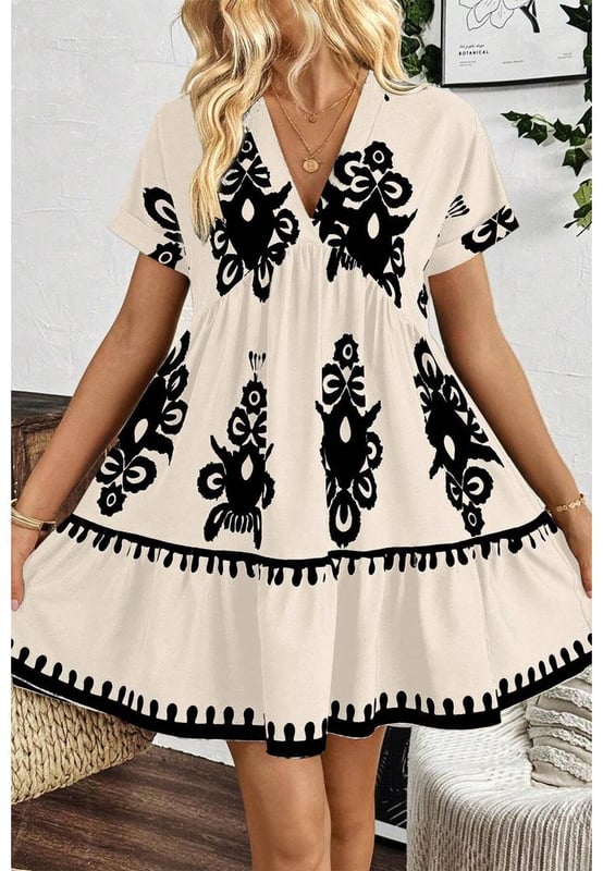 Black vintage print dress
  V
  neckline for an elongated look
  High waist design to accentuate curves
  Short sleeves for versatile and practical wear
Material: 100% Polyester