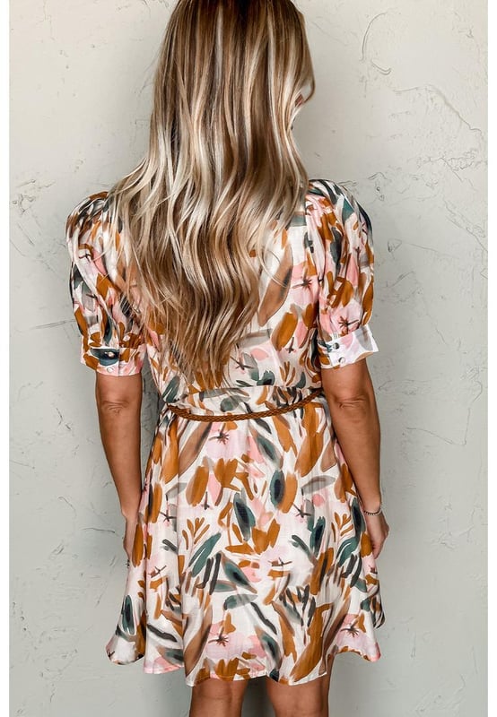 Brown abstract printed mini dress
  Chic puff sleeves
  Button
  up front
  Braided belt
  Can be styled with sandals high heels or flats
Material: 100% Polyester
