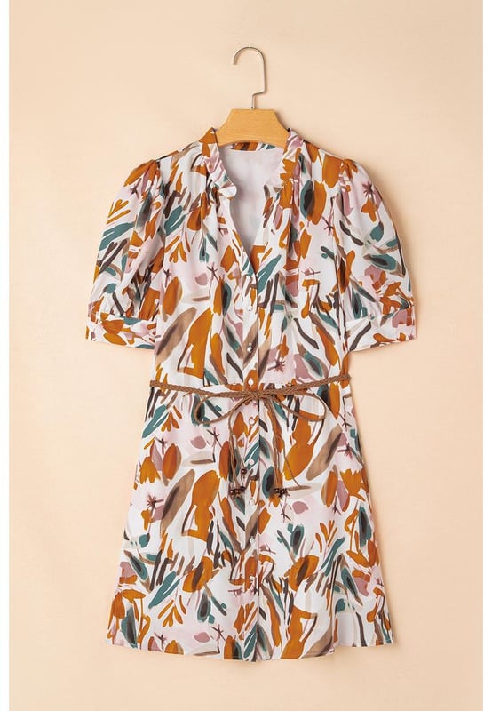 Brown abstract printed mini dress
  Chic puff sleeves
  Button
  up front
  Braided belt
  Can be styled with sandals high heels or flats
Material: 100% Polyester