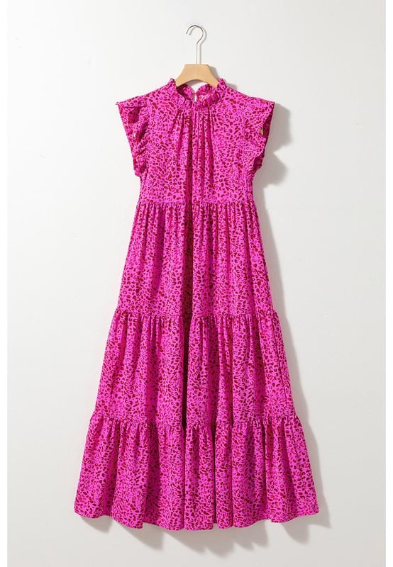Our styles are designed with a trendy fitted look in mind following an international size standard. For the best fit we suggest choosing one size up from your usual. Be sure to check our sizing chart to find your perfect match!
  Rose red leopard print
  Ruffled trim tiered design
  Flutter sleeves
  Frilled neck detail
  Available in sizes S M L XL
  Fabric provides no elasticity
Material: 100% Polyester