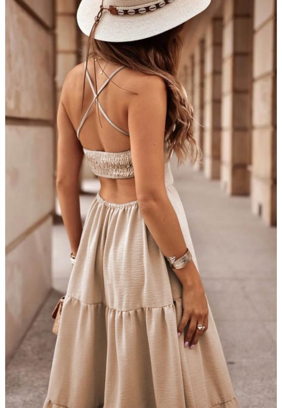 Our styles are designed with a trendy fitted look in mind following an international size standard. For the best fit we suggest choosing one size up from your usual. Be sure to check our sizing chart to find your perfect match!
  Flattering fit that accentuates curves
  Sleeveless design
  Crossover backless style
  Perfect for hot summer days
  Tiered skirt for an elegant and flowy silhouette
  Made from selective cozy and breathable fabric
Material: 100% Polyester