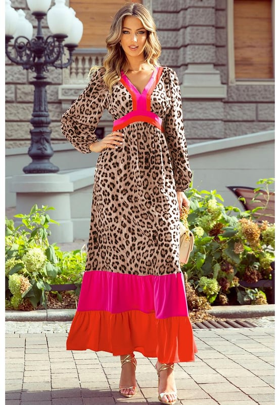 Our styles are designed with a trendy fitted look in mind following an international size standard. For the best fit we suggest choosing one size up from your usual. Be sure to check our sizing chart to find your perfect match!
  Trendy leopard print
  Striking color block design
  V neck detail
  Loose and flowy fit
  Part of ?? maxi dress collection
Material: 100% Polyester