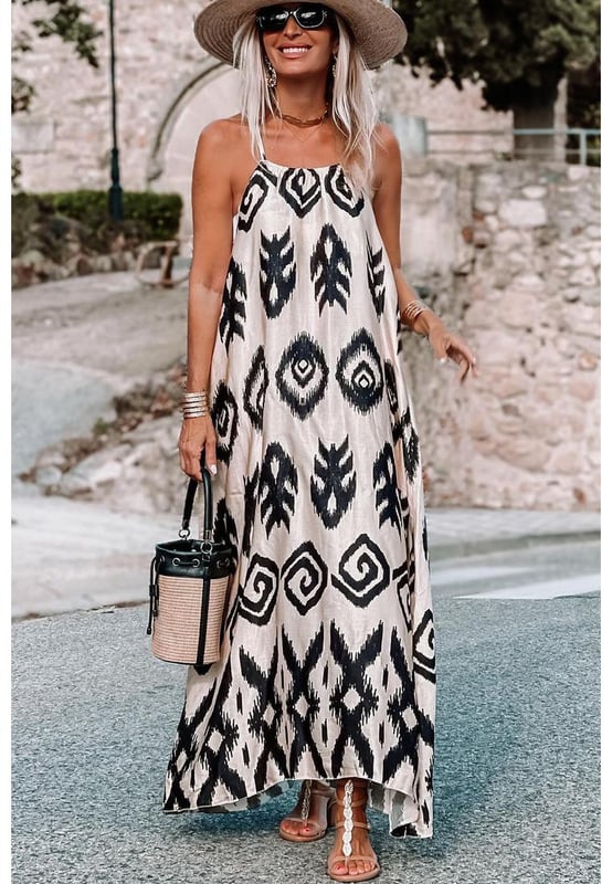 Black Western Aztec Printed Fashion Vacation Sundress
  Simple and chic printed pattern
  Relaxed maxi style perfect for vacations
  Made of soft lightweight fabric perfect for summer
  Available in different sizes
Material: 100% Polyester