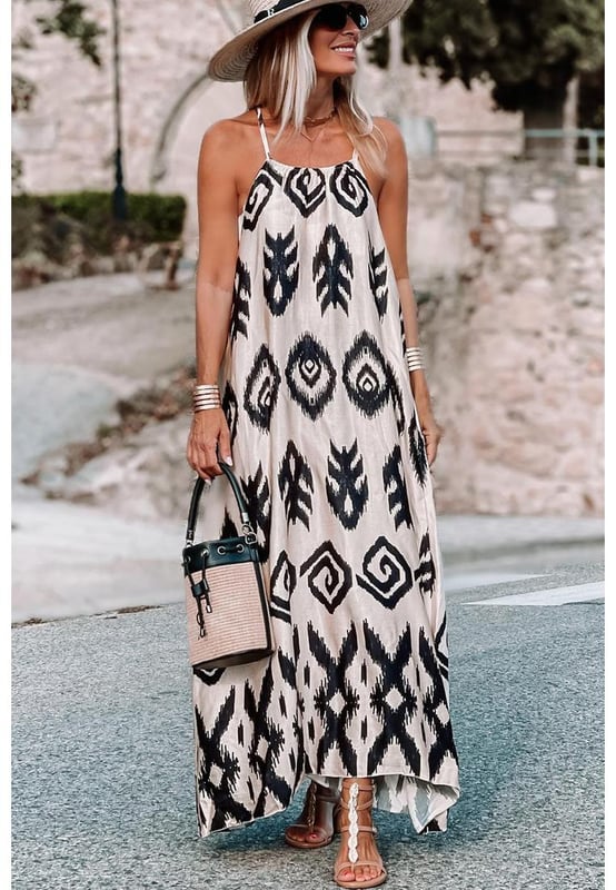 Black Western Aztec Printed Fashion Vacation Sundress
  Simple and chic printed pattern
  Relaxed maxi style perfect for vacations
  Made of soft lightweight fabric perfect for summer
  Available in different sizes
Material: 100% Polyester