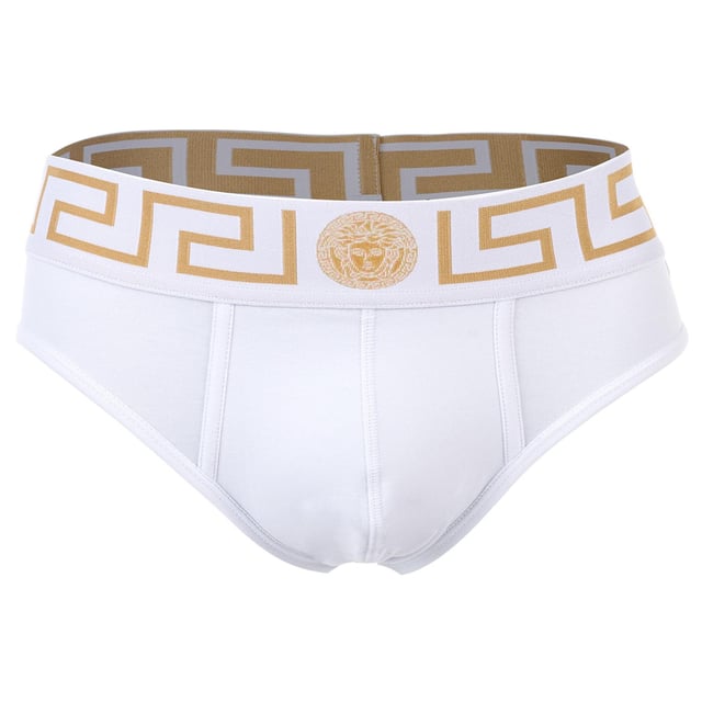 Eleganter Herren Slip der Marke VERSACE. Hochwertige einfarbige Unterhosen. Greca-Muster und Medusa-Motiv am elastischen Bund.