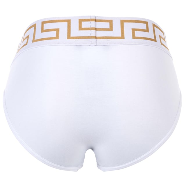 Eleganter Herren Slip der Marke VERSACE. Hochwertige einfarbige Unterhosen. Greca-Muster und Medusa-Motiv am elastischen Bund.