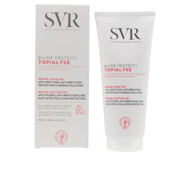 Topialyse Baume 200 ml TOPIALYSE de Svr Laboratoire Dermatologique es un bálsamo diseñado tanto para el rostro como para el cuerpo, especialmente indicado para pieles secas y atópicas. Este producto ayuda a reducir la irritación y a prevenir la fricción. Gracias a su fórmula hipoalergénica que integra ingredientes activos en altas dosis, ofrece un confort inmediato. Además, su acción crea una barrera protectora contra los ácaros y la polución. Es la opción perfecta para combatir la picazón generada por la irritación.
