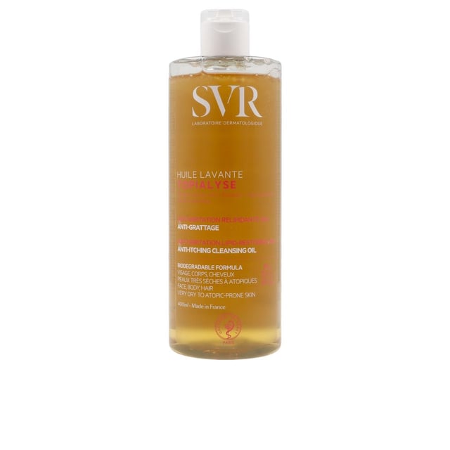 Topialyse Huile Micellaire 400 ml Discover the ultimate soothing solution with SVR Topialyse Anti-Itching Cleansing Oil. Designed for very dry, sensitive, and eczema-prone skin, this luxurious emulsifying bath and shower oil delivers 24-hour hydration and gentle care for the entire family, including newborns. Its calming formula alleviates discomfort while leaving your skin exceptionally soft and nourished. Enjoy a hassle-free cleansing experience that rinses off easily and is safe for your eyes. For best results, apply to wet skin, lather, rinse, and pat dry.
