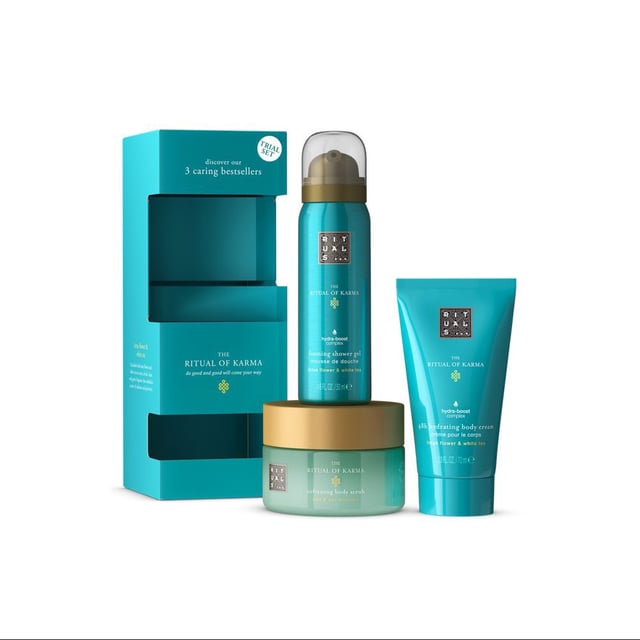 The Ritual of Karma box is the best way to discover Rituals and is an ideal gift for yourself or someone you love, as it combines three of the collection's best-selling products: a foaming shower gel, a 92% natural-origin 48-hour body cream and a 94% natural-origin smoothing body scrub.
All of them with the cheerful aroma of white tea and lotus.
•	Cruelty free	
•	Natural ingredients