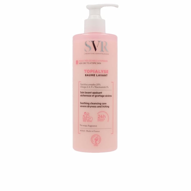 TOPIALYSE Bálsamo Limpiador de SVR Laboratoire Dermatologique es la opción perfecta para el cuidado de pieles secas y atópicas. Su fórmula, libre de perfumes y sulfatos, está enriquecida con activos hidratantes y presenta una textura rica y cremosa que limpia de manera suave, al tiempo que restaura la función barrera de la piel. Al usarlo, lograrás aliviar las molestias cutáneas, asegurando una sensación de suavidad y confort prolongado.