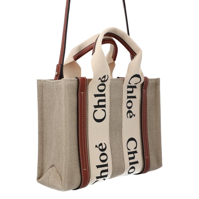 Tote bag in linen canvas &amp; shiny calfskin with linen Chloé logo
 Main material: Linen
 Secondary material: Calfskin
 Trim: Polyester
 Carry: Shoulder, arm &amp; cross-body
 

 - 2 short handles
 - Removable long strap
 - 1 spacious main compartment
 - 1 internal flat pocket
 Comes with a dust bag
 

 - Width: 10.4" (26.5 cm)
 - Height: 7.9" (20 cm)
 - Depth: 3.1" (8 cm)
 - Handle drop: 4.3" (11 cm)
 - Strap drop: 20.5" (52 cm)