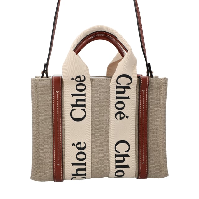 Tote bag in linen canvas &amp; shiny calfskin with linen Chloé logo
 Main material: Linen
 Secondary material: Calfskin
 Trim: Polyester
 Carry: Shoulder, arm &amp; cross-body
 

 - 2 short handles
 - Removable long strap
 - 1 spacious main compartment
 - 1 internal flat pocket
 Comes with a dust bag
 

 - Width: 10.4" (26.5 cm)
 - Height: 7.9" (20 cm)
 - Depth: 3.1" (8 cm)
 - Handle drop: 4.3" (11 cm)
 - Strap drop: 20.5" (52 cm)