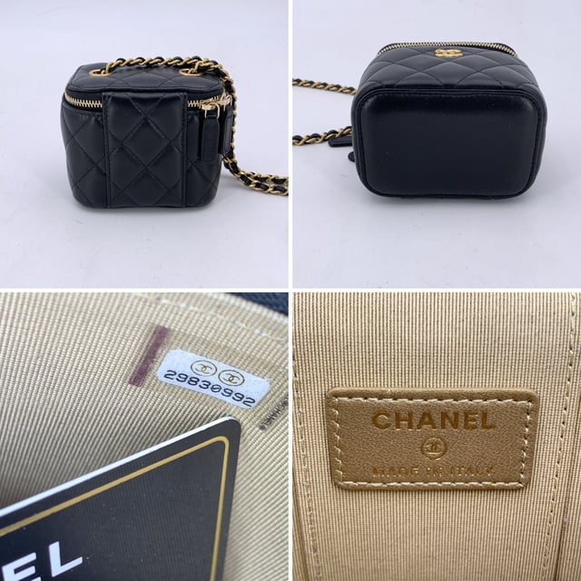 VINTAGE, RRP AS NEW
This beautiful Bag will come with a Certificate of ity provided by Entrupy. The certificate will be provided at no further cost  Introducing the coveted Chanel Mini Vanity Case with Chain Bag, a true showstopper designed in 2019. This petite carrier draws inspiration from the iconic shape of Chanel's vanity cases, offering a fresh yet timeless design. Crafted in classic black quilted caviar leather, the bag is adorned with the signature goldtone CC logo on the front, exuding elegance and luxury. The diamond quilting of the leather elevates its sophisticated look and texture.  The gold metal hardware Condition Rating: A - EXCELLENTCondition Details: Gently used. Chanel dustbag and card included. Please, see the photos and/or ask if you have any doubts or if you need more information.Measurements (cm):Depth: 6.4Height: 8.9Length: 10.2Other Details: Dustbag? YesKeys? NoBox? No Measurments:  width: 64 mm length: 102 mm height: 89 mm
