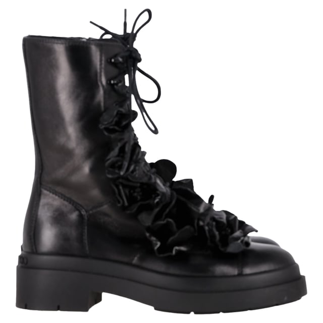 VINTAGE, RRP AS NEW
Romantic rebellion takes form in the Jimmy Choo Nari Flowers Combat Booties—a bold twist on the classic combat boot. Crafted in soft black lambskin leather, these Italian-made booties balance edge and elegance with intricate 3-D floral appliqués that bloom across the upper. A round cap toe, lace-up vamp, and side zip closure combine practicality with style, while a durable leather and rubber outsole ensures everyday wearability. Whether you're toughening up a feminine look or grounding a street-style outfit, these booties are the perfect floral statement.

with Box

Jimmy Choo Nari Flowers Combat Booties in Black Leather
Condition: Excellent
Signs of wear: Include Box., No visible sign of wear. No Mark at insole.,  Very light mark at soles.
Packaging: Box
Color: black
Material: Leather | leather
Size: EU | 37.5
Measurements: Heel height: 50; Insole length: 300
SKU: NAPPUGBSH466103W