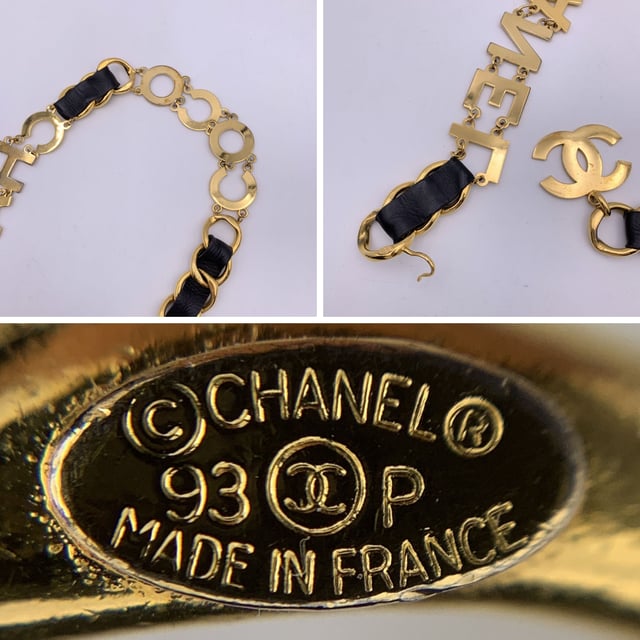 VINTAGE, RRP AS NEW
Rare statement vintage wide chain belt by CHANEL. Period/Era: 1993. It is crafted in gold metal with black interwoven leather. It features a spell out C O C O C H A N E L letters. CC logo pendant at theend of the belt. Hook closure. Marked with 'CHANEL 93 CC P Made in France' oval hallmark. Total lensth of the chain: 36 inches - 91.5 cm Condition Rating: B - VERY GOOD CONDITIONCondition Details: A light patina, minimal darkness and light surface scratches on the letters and the chain link. Chanel dustbag included. Please check the photos carefully and ask if you need to know more details or if you have any doubts.  Box?: Measurments:  length: 915 mm
