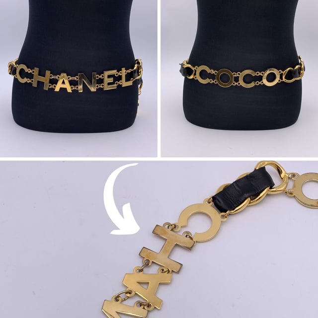 VINTAGE, RRP AS NEW
Rare statement vintage wide chain belt by CHANEL. Period/Era: 1993. It is crafted in gold metal with black interwoven leather. It features a spell out C O C O C H A N E L letters. CC logo pendant at theend of the belt. Hook closure. Marked with 'CHANEL 93 CC P Made in France' oval hallmark. Total lensth of the chain: 36 inches - 91.5 cm Condition Rating: B - VERY GOOD CONDITIONCondition Details: A light patina, minimal darkness and light surface scratches on the letters and the chain link. Chanel dustbag included. Please check the photos carefully and ask if you need to know more details or if you have any doubts.  Box?: Measurments:  length: 915 mm