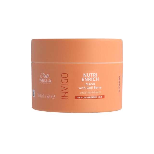 **Mascarilla Nutrición Profunda INVIGO NUTRI-ENRICH para Cabellos Secos/Dañados de WELLA PROFESSIONALS**  Descubre la Mascarilla Invigo Nutri-Enrich de Wella Professionals, la mejor opción para ofrecer nutrición profunda a cabellos secos y dañados. Esta mascarilla ha sido formulada con una combinación única de extractos y vitaminas, diseñada para hidratar intensamente el cabello, dejándolo lleno de vida y vitalidad. Su fórmula exclusiva, el Nutri-Enrich-Blend™, incluye ácido oleico y pantenol, que aportan hidratación y nutrición, mientras que la vitamina E protege el cabello de daños futuros.  Además, esta mascarilla está enriquecida con bayas de goji, conocidas por su alta concentración de vitaminas, minerales y péptidos.  **Beneficios:** - Diseñada específicamente para cabello seco o dañado. - Contiene el complejo Nutri-Enrich-Blend™, que incluye bayas de goji ricas en nutrientes. - Ofrece una nutrición instantánea, garantizando un cabello suave y lleno de vitalidad. - Actúa como una mascarilla de nutrición profunda que rellena e hidrata eficazmente el cabello seco y dañado.