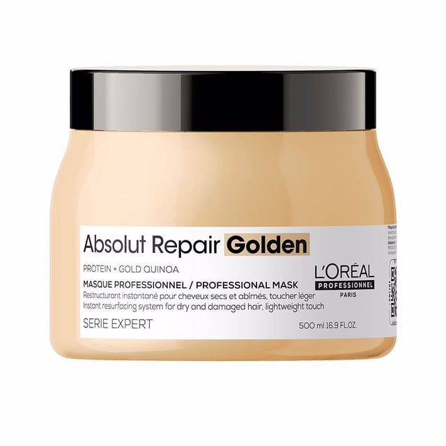 Absolut Repair Gold Mascarilla Golden 500 ml Sofortige Haarrestaurierung mit der goldenen Maske, ideal für geschädigtes, stark strapaziertes oder trockenes Haar. Die Maske sorgt für ein glänzendes, geschmeidiges Haargefühl mit einem angenehmen Griff. Durch die spezielle Formel mit Quinoa und Goldproteinen wird die Haarstruktur um das Siebenfache verbessert, wodurch die Schädigung der Haaroberfläche um 77 % verringert wird. Vorteile: Weicheres und strahlenderes Haar. Angenehme Textur. Besser repariertes und weniger beanspruchtes Haar.
