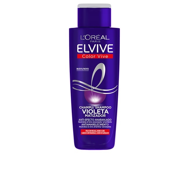 Elvive Color-vive Violeta Tönungsshampoo 200 ml Anti-Orange-Effekt + intensive Pflege Unser Elvive Color Vive Tönungsshampoo in Violett wurde speziell für Damen mit blondem, gesträhntem, grauem oder bleached Haar entwickelt. Dank seiner violetten Farbpartikel neutralisiert es effektiv unerwünschte orange und gelbe Schattierungen. Mit lila Pigmenten und UV-Schutz bietet unser Elvive Color Vive Tönungsshampoo eine optimale Lösung für Frauen, die ihr Haar in perfektem Zustand halten möchten.