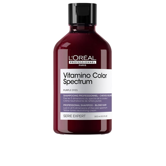 Experience vibrant, salon-fresh blonde hair for up to 100 days with L'Oréal Professionnel's Vitamino Color Spectrum Purple Tinted Shampoo. Formulated with Ferulic Acid and Citric Acid, it locks in color and protects all dimensions of your hair color. Its creamy purple formula neutralizes yellow tones, keeping your blonde radiant. Ideal for use two weeks post-salon, apply to wet hair, emulsify, and leave on for 2 to 5 minutes before rinsing. Trust L'Oréal Professionnel, a leader in hair color innovation for over 110 years, for exceptional results.