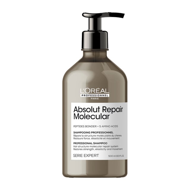 Revitalize your damaged hair with L'Oréal Professionnel SERIE EXPERT Absolut Repair Molecular Shampoo. This innovative shampoo utilizes groundbreaking molecular repair technology to effectively restore the integrity of your hair. Enriched with Peptides bonder and 5 Amino acids, it penetrates deep into the hair fiber, repairing its macro-molecular structure for enhanced strength, elasticity, and smoothness. Experience up to 82% more strength and 86% increased smoothness with every wash. Ideal for all hair types, including color-treated, lightened, and natural hair, this luxurious formula transforms into a rich foam that cleanses and detangles while providing intense nourishment. For best results, follow with the Absolut Repair Molecular rinse-off serum and leave-in mask.