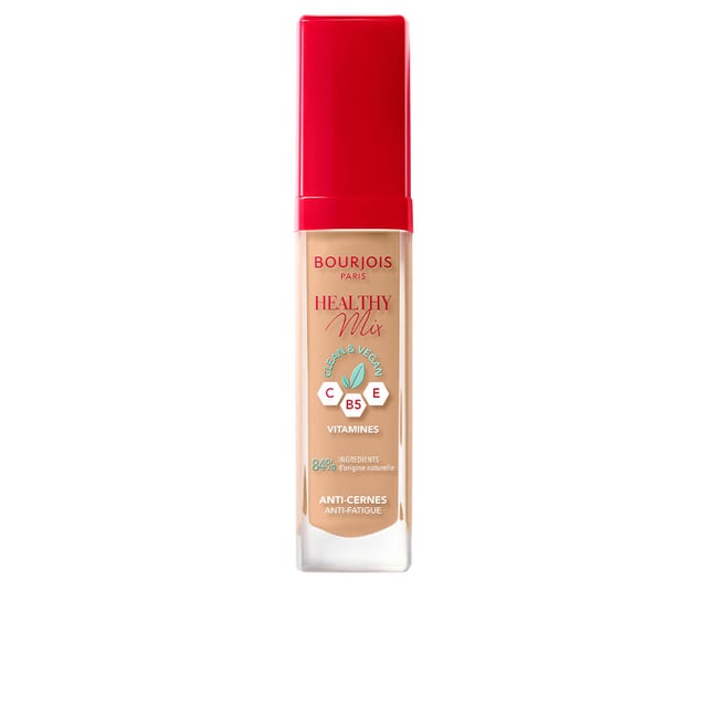 El corrector Healthy Mix de BOURJOIS es ideal para ocultar imperfecciones y signos de cansancio. Con un impresionante 84% de ingredientes naturales, este producto te ayudará a lograr una mirada fresca y rejuvenecida durante todo el día. Su innovadora fórmula ahora incluye 2.4 veces más vitaminas que antes, incorporando un complejo de vitaminas C, E y B5, lo que proporciona hidratación profunda por 24 horas. La textura suave y cremosa de este corrector ofrece una cobertura de media a alta, difuminándose fácilmente para un acabado natural y radiante. Además, su composición es limpia y vegana, habiendo sido sometida a pruebas dermatológicas, lo que la hace adecuada para pieles sensibles. ¡Di adiós a la apariencia de fatiga con el corrector Healthy Mix!