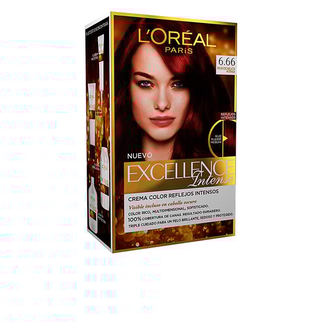 EXCELLENCE INTENSE de LORÉAL PARIS. Descubre el secreto para lograr un color de cabello excepcional con el Tinte EXCELLENCE INTENSE de LORÉAL PARIS. Este tinte revolucionario ofrece una experiencia de coloración enriquecida con ingredientes de alta calidad y una fórmula avanzada que asegura resultados intensos y duraderos. Con una variedad de tonos deslumbrantes, EXCELLENCE INTENSE te permite expresar tu estilo único y resaltar tu belleza natural.   Beneficios:  Color Intenso: La fórmula avanzada de EXCELLENCE INTENSE garantiza un color vibrante y duradero que cubre de manera efectiva las canas, logrando un acabado uniforme de raíces a puntas.  Cuidado del Cabello: Este tinte, enriquecido con ingredientes nutritivos, cuida y protege tu cabello durante el proceso de coloración, dejándolo suave, sedoso y brillante.  Cobertura Total de Canas: Di adiós a las canas no deseadas. EXCELLENCE INTENSE asegura una cobertura completa y uniforme, brindando confianza en cada aplicación.  Tonos Naturales: Los tonos disponibles se adaptan perfectamente a tu tono de piel y estilo personal, ofreciendo resultados que lucen naturales y elegantes.