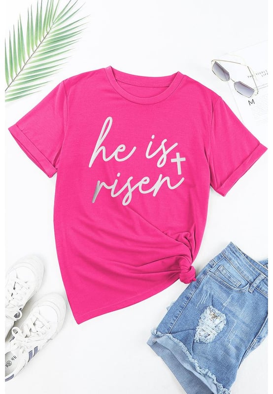 Rose Red Glitter He is Risen Cross Printed Crewneck Tee
  Glittering cross with He Is Risen phrase for a festive Easter vibe
  Classic crew neck design
  Short sleeves for a relaxed style
  Available in multiple sizes
  Fits true to size
  Pairs well with jeans or shorts
Material: 62% Polyester 32% Cotton 6% Elastane