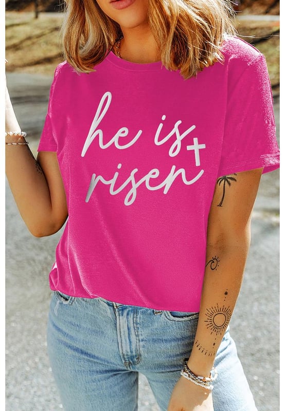 Rose Red Glitter He is Risen Cross Printed Crewneck Tee
  Glittering cross with He Is Risen phrase for a festive Easter vibe
  Classic crew neck design
  Short sleeves for a relaxed style
  Available in multiple sizes
  Fits true to size
  Pairs well with jeans or shorts
Material: 62% Polyester 32% Cotton 6% Elastane