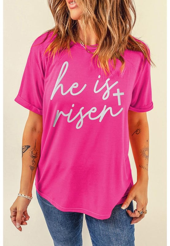 Rose Red Glitter He is Risen Cross Printed Crewneck Tee
  Glittering cross with He Is Risen phrase for a festive Easter vibe
  Classic crew neck design
  Short sleeves for a relaxed style
  Available in multiple sizes
  Fits true to size
  Pairs well with jeans or shorts
Material: 62% Polyester 32% Cotton 6% Elastane