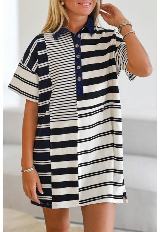 Our styles are designed with a trendy fitted look in mind following an international size standard. For the best fit we suggest choosing one size up from your usual. Be sure to check our sizing chart to find your perfect match!
  Polo neck design for an elegant and modest look
  Classic and versatile striped pattern
  Easy dressing with half placket design
  Loose fit with drop shoulder
  Side slits at hem for added comfort
Material: 95% Cotton 5% Elastane