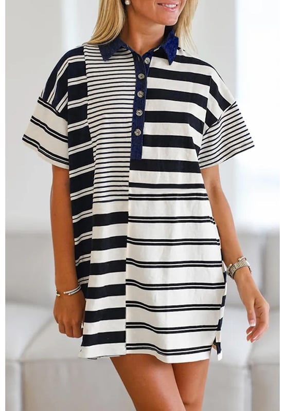 Our styles are designed with a trendy fitted look in mind following an international size standard. For the best fit we suggest choosing one size up from your usual. Be sure to check our sizing chart to find your perfect match!
  Polo neck design for an elegant and modest look
  Classic and versatile striped pattern
  Easy dressing with half placket design
  Loose fit with drop shoulder
  Side slits at hem for added comfort
Material: 95% Cotton 5% Elastane