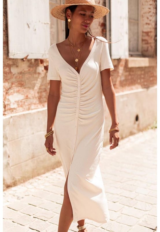 Chic and flattering pencil style
  Streamline tailored design
  V neck front and low scoop back
  Buttons front and ruched design
  Longline silhouette with slit
  High elasticity
  Detailed size chart provided
Material: 93% Viscose 7% Elastane