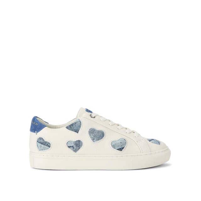 The
Lane Love sneaker is crafted from a white leather with denim cut out hearts
across the upper. There are two blue suede patches on the tongue and heel with
gold foil branding.