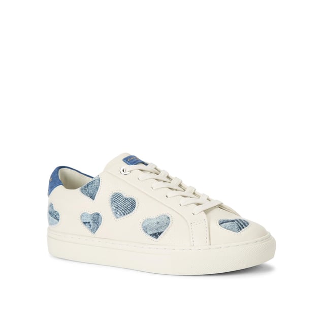 The
Lane Love sneaker is crafted from a white leather with denim cut out hearts
across the upper. There are two blue suede patches on the tongue and heel with
gold foil branding.