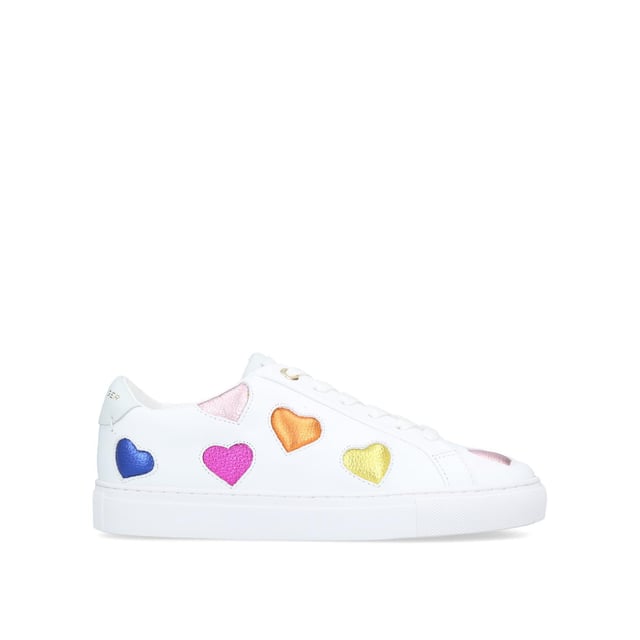 The
Lane Love sneaker is crafted from a cow leather in white with classic lace up
front. There are multiple textured leather hearts in multiple colours across
the upper. Sole height: 2.5cm.